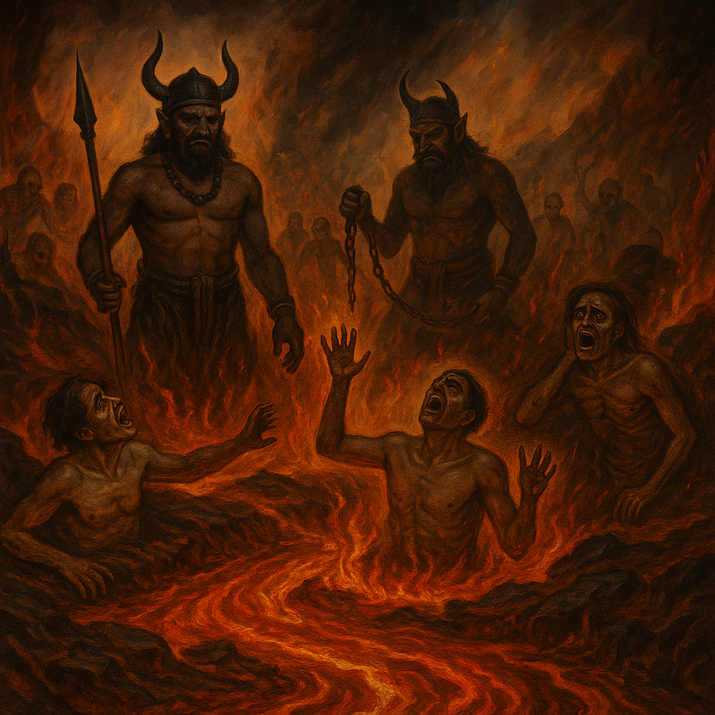 Horror Lok scene from Garud Puran showing tormented souls in Narak Lok.