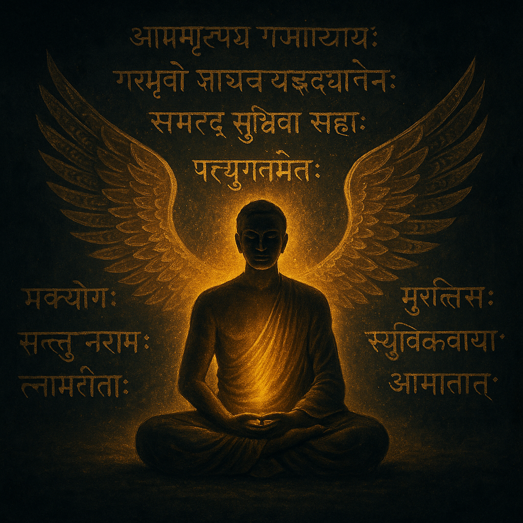 Meditating figure with Garuda wings and glowing Sanskrit mantra aura from Garud Puran