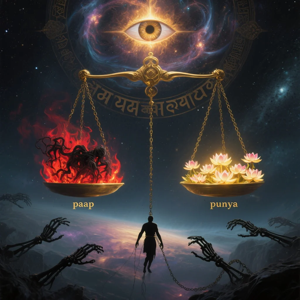 Cosmic scale weighing paap and punya as per Garud Puran, with divine judgment eye and karmic consequences visualized