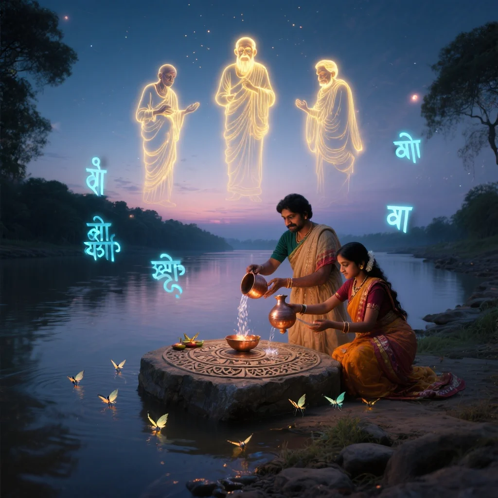 A Hindu couple performing tarpan by the river with divine ancestors' presence, as described in Pitru Dosh and Shanti in Garud Puran