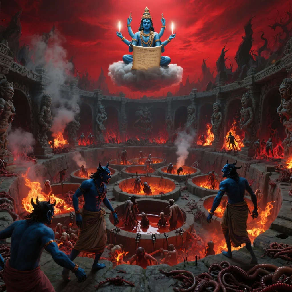 Graphic depiction of Narak Lok details in Garud Puran with fiery hell, tortured souls, Yamdoots, and divine judgment above