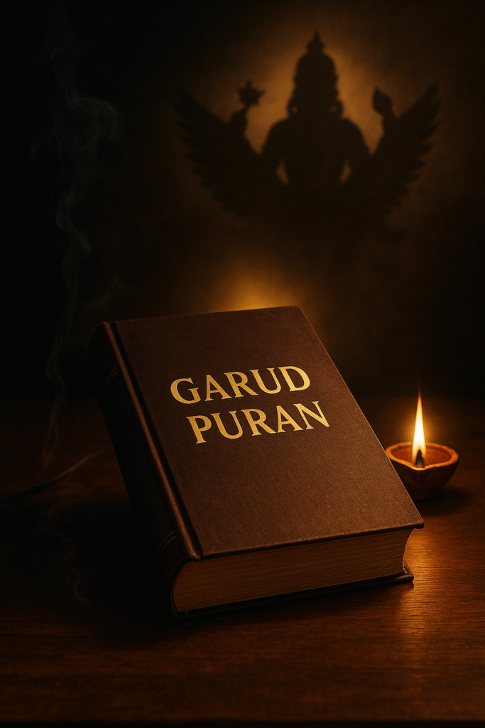 "Garud Puran book kept at home on a wooden table with divine light and incense – can Garud Puran be kept at home?"