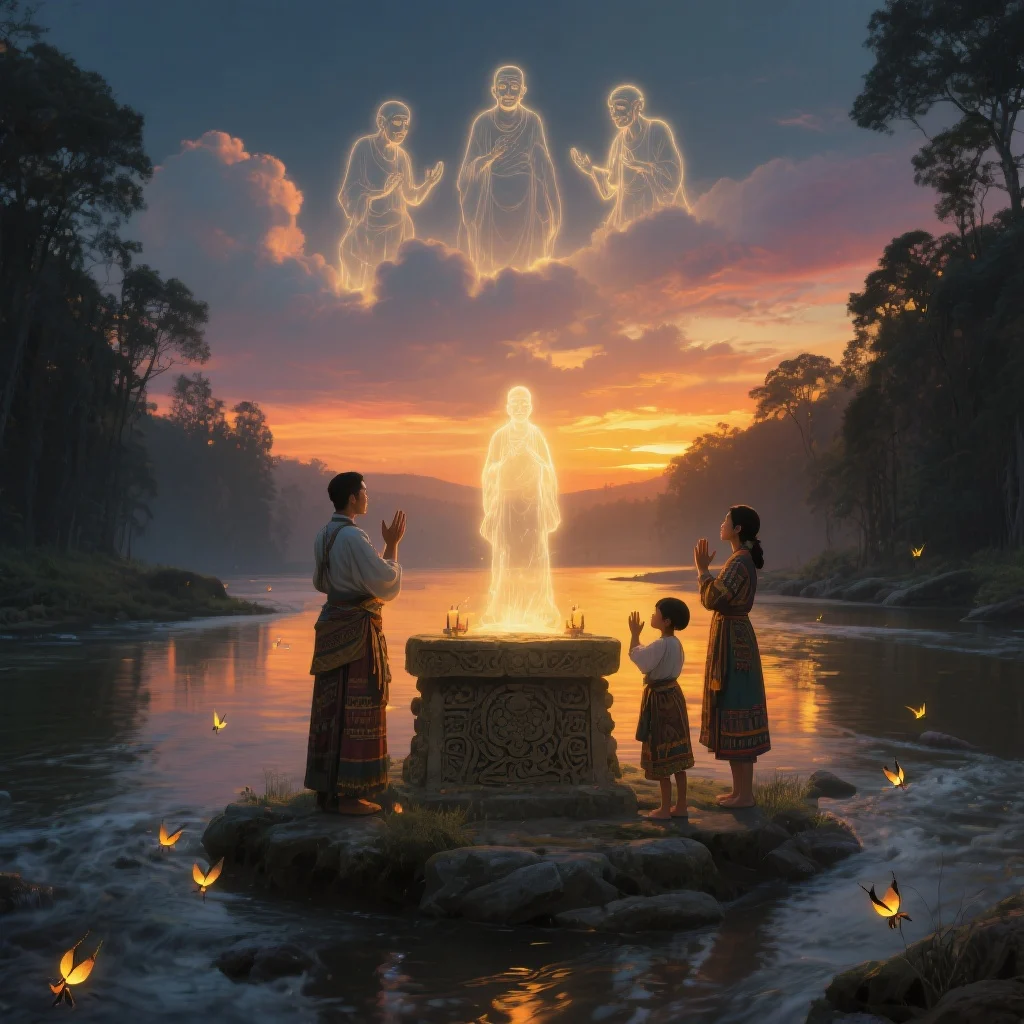 A spiritual family performing soul rituals by the river as ethereal ancestors and a glowing spirit rise above, symbolizing Pret Lok and Atma in Garud Puran