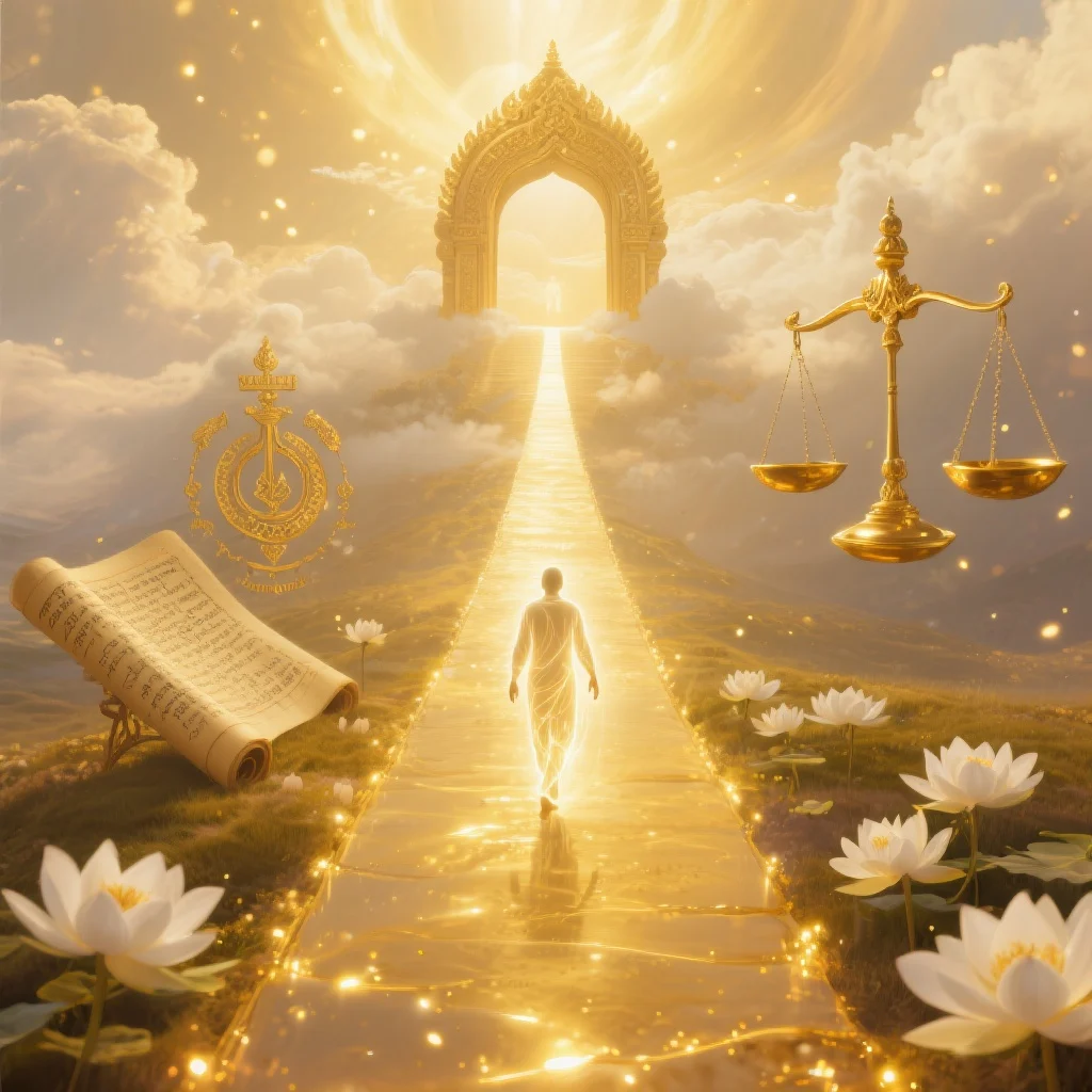 A glowing soul walks a golden path toward moksha through the gates of Swarg Lok, surrounded by karmic symbols, scales, and scriptures as per Garud Puran
