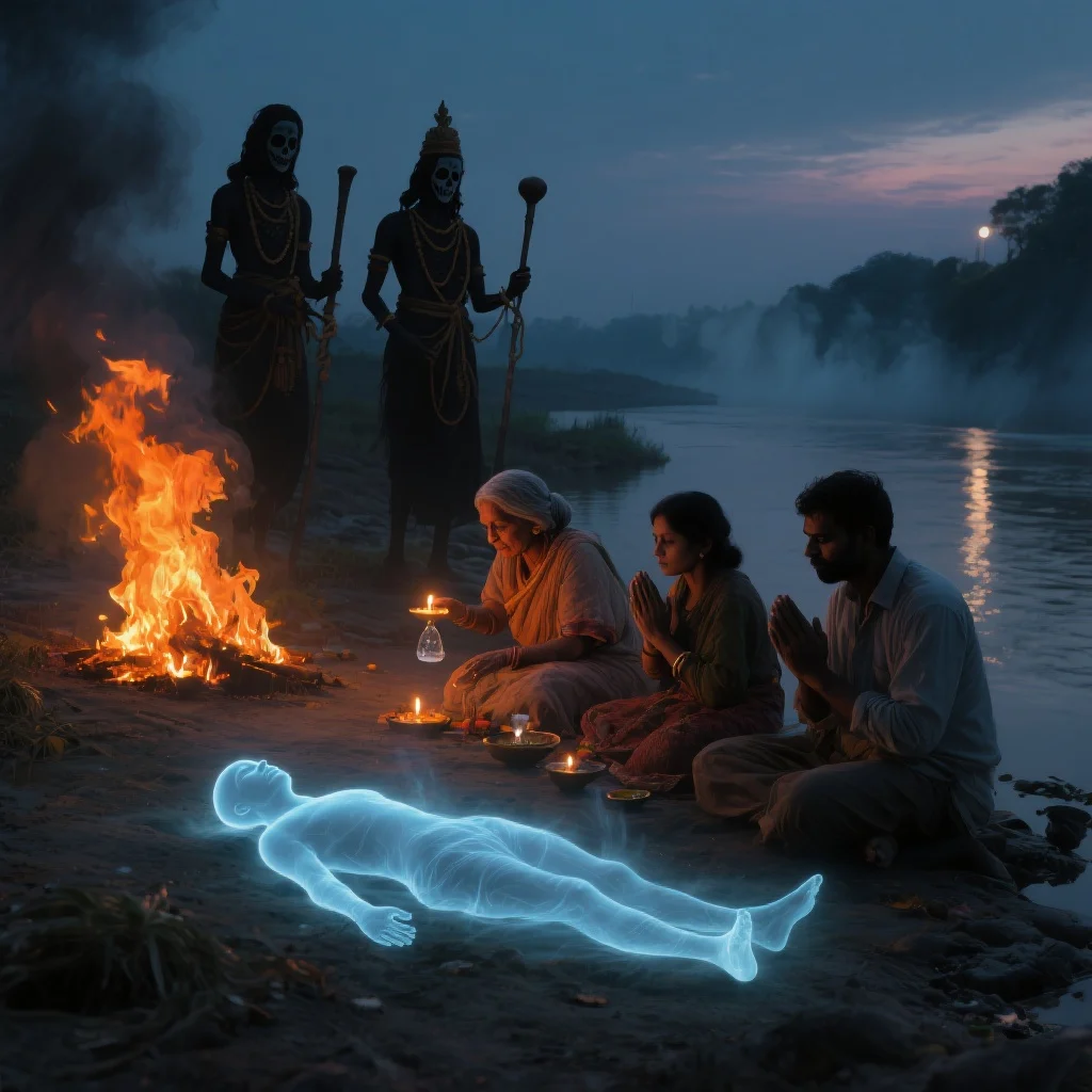 Family performing last rites beside river as soul watches near cremation fire; symbolic of 13 days after death journey in Garud Puran
